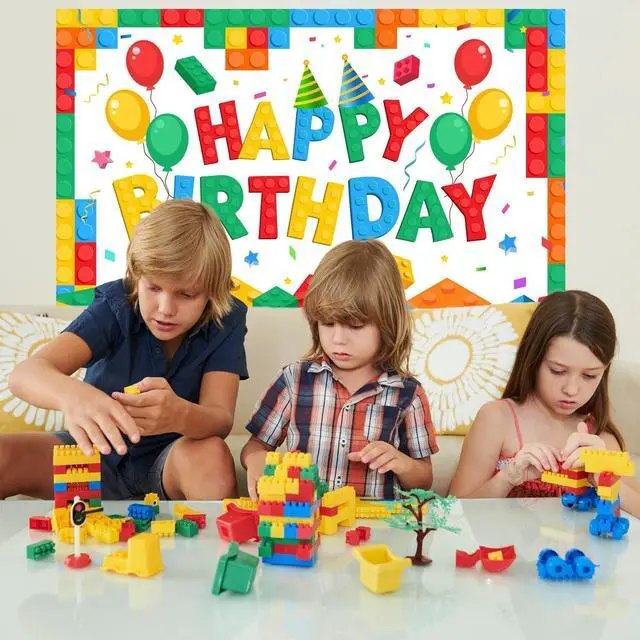 Alt view image 6 of 7 - Building Block Backdrop,71'' x 43'' Building Block Birthday Backdrop Banner Building Block Photo Backdrop Building Blocks Party Backdrop, Building Block Theme Backdrop for Building Block Party Favors