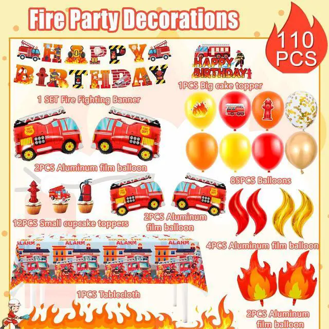 Alt view image 2 of 7 - Fire Truck Party Decorations, 110 Pcs Firetruck Birthday Decorations - Fire Truck Party Balloons & Fire Truck Birthday Banner Cake Toppers Tablecloth etc Firefighter Birthday Party Decorations