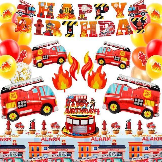 Main image of Fire Truck Party Decorations, 110 Pcs Firetruck Birthday Decorations - Fire Truck Party Balloons & Fire Truck Birthday Banner Cake Toppers Tablecloth etc Firefighter Birthday Party Decorations