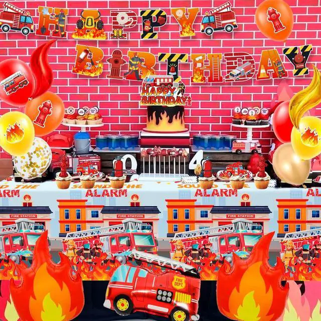 Alt view image 3 of 7 - Fire Truck Party Decorations, 110 Pcs Firetruck Birthday Decorations - Fire Truck Party Balloons & Fire Truck Birthday Banner Cake Toppers Tablecloth etc Firefighter Birthday Party Decorations