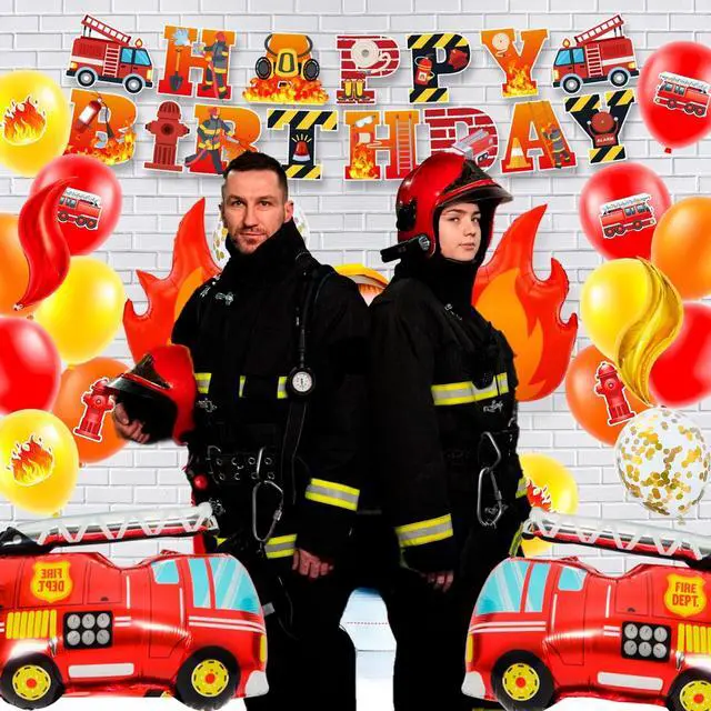Alt view image 5 of 7 - Fire Truck Party Decorations, 110 Pcs Firetruck Birthday Decorations - Fire Truck Party Balloons & Fire Truck Birthday Banner Cake Toppers Tablecloth etc Firefighter Birthday Party Decorations