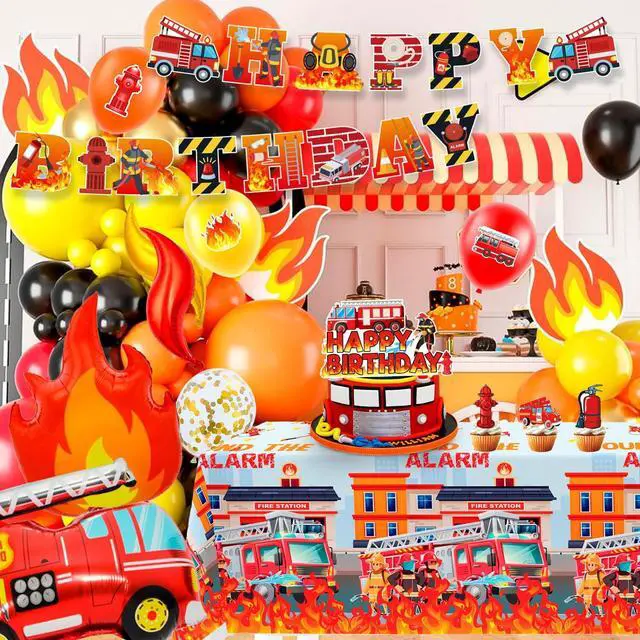 Alt view image 6 of 7 - Fire Truck Party Decorations, 110 Pcs Firetruck Birthday Decorations - Fire Truck Party Balloons & Fire Truck Birthday Banner Cake Toppers Tablecloth etc Firefighter Birthday Party Decorations