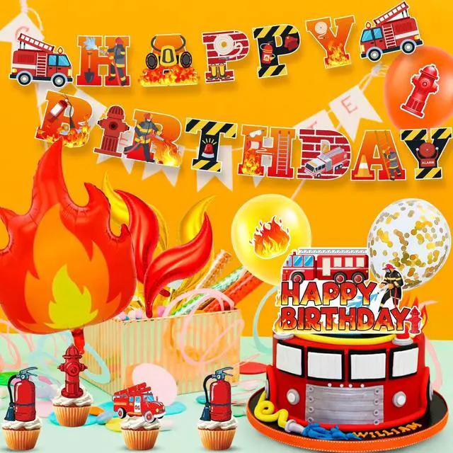 Alt view image 4 of 7 - Fire Truck Party Decorations, 110 Pcs Firetruck Birthday Decorations - Fire Truck Party Balloons & Fire Truck Birthday Banner Cake Toppers Tablecloth etc Firefighter Birthday Party Decorations