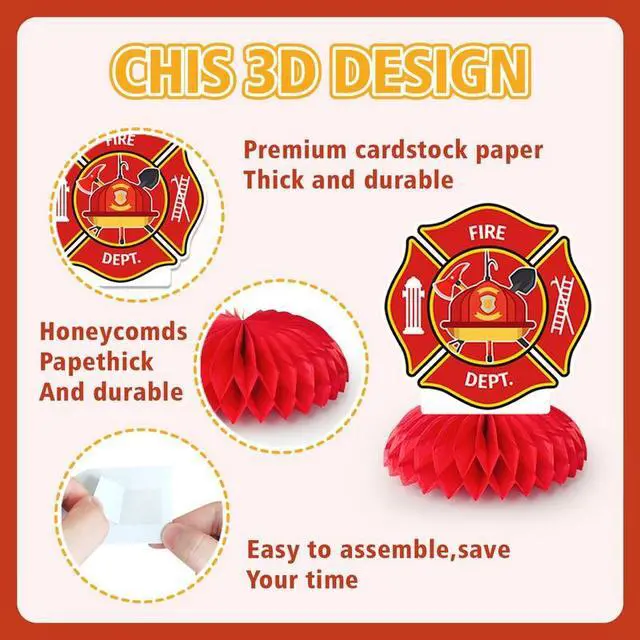 Alt view image 6 of 7 - Firetruck Honeycomb Centerpieces, 9 Pcs Fireman Honeycomb Centerpiece, Firetruck Honeycomb Table Centerpiece, Firetruck Birthday Table Honeycomb Centerpieces for Firetruck Birthday Decorations