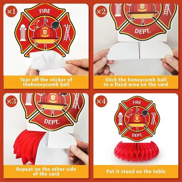 Alt view image 5 of 7 - Firetruck Honeycomb Centerpieces, 9 Pcs Fireman Honeycomb Centerpiece, Firetruck Honeycomb Table Centerpiece, Firetruck Birthday Table Honeycomb Centerpieces for Firetruck Birthday Decorations