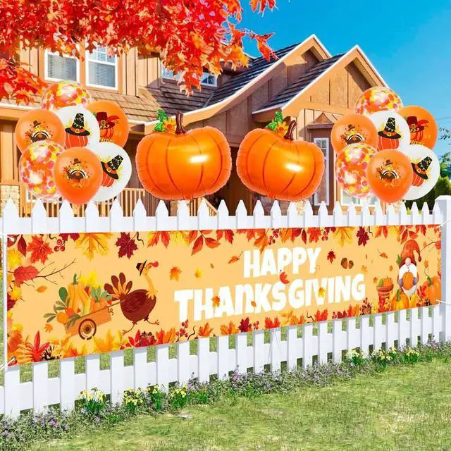 Alt view image 3 of 7 - Happy Thanksgiving Fence Banner,11pcs Thanksgiving Banners for Outside&Balloon Set-Outdoor Happy Thanksgiving Banner,Thanksgiving Decorations Balloons&Foil Thanksgiving Balloons for Thanksgiving Party