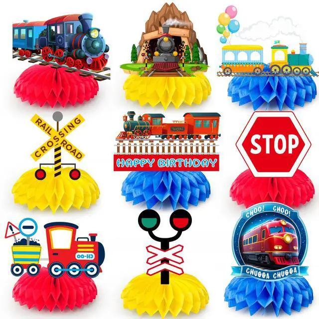 Main image of Train Honeycomb Centerpiece,9pcs Train Party Decorations Honeycomb Centerpieces Kit- Train Party Honeycomb Centerpiece&Train Birthday Honeycomb Centerpieces for Chugga Chugga Two Two Party Decorations