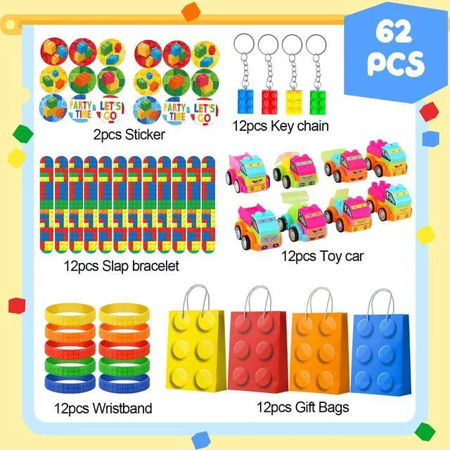 Alt view image 2 of 7 - Building Block Birthday Party Favors,62 Pcs Building Blocks Party Favors Set- Building Block Favor Bags,Building Block Birthday Party Keychains Slap Bracelets etc Building Block Themed Party Favors