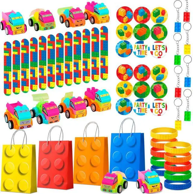 Main image of Building Block Birthday Party Favors,62 Pcs Building Blocks Party Favors Set- Building Block Favor Bags,Building Block Birthday Party Keychains Slap Bracelets etc Building Block Themed Party Favors