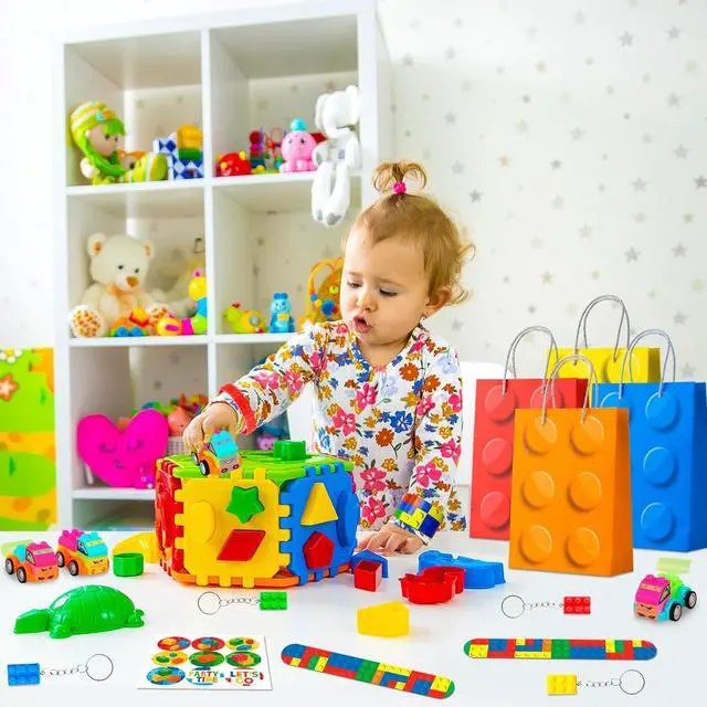 Alt view image 4 of 7 - Building Block Birthday Party Favors,62 Pcs Building Blocks Party Favors Set- Building Block Favor Bags,Building Block Birthday Party Keychains Slap Bracelets etc Building Block Themed Party Favors