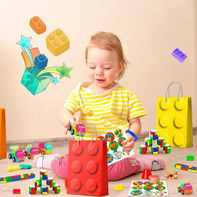 Alt view image 5 of 7 - Building Block Birthday Party Favors,62 Pcs Building Blocks Party Favors Set- Building Block Favor Bags,Building Block Birthday Party Keychains Slap Bracelets etc Building Block Themed Party Favors