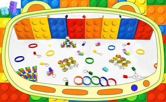 Alt view image 6 of 7 - Building Block Birthday Party Favors,62 Pcs Building Blocks Party Favors Set- Building Block Favor Bags,Building Block Birthday Party Keychains Slap Bracelets etc Building Block Themed Party Favors