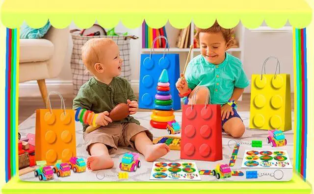 Alt view image 7 of 7 - Building Block Birthday Party Favors,62 Pcs Building Blocks Party Favors Set- Building Block Favor Bags,Building Block Birthday Party Keychains Slap Bracelets etc Building Block Themed Party Favors