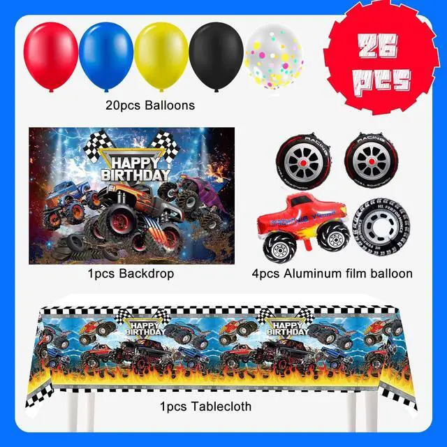 Alt view image 2 of 7 - 26 Pcs Big Truck Birthday Party Balloons, Monster Racing Tablecloth Truck Wheels Balloons Backdrop etc for Big Truck Birthday Party Decorations Supplies