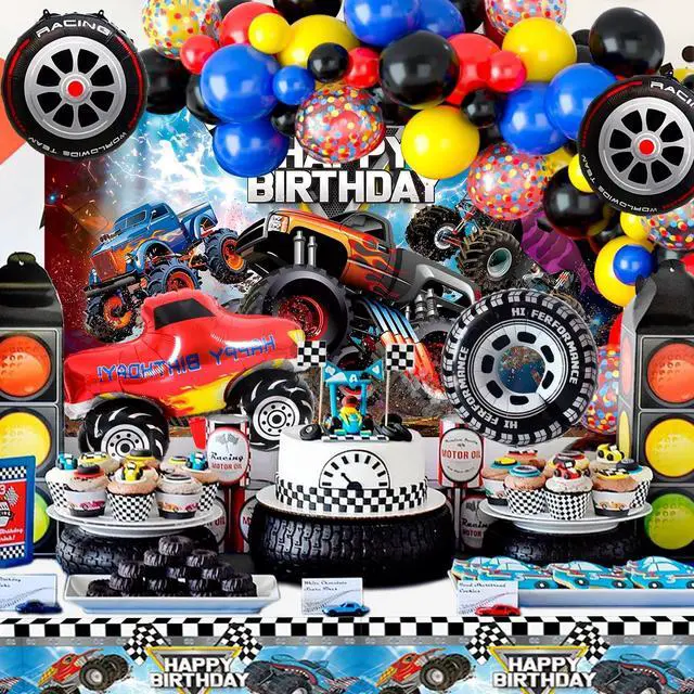 Alt view image 3 of 7 - 26 Pcs Big Truck Birthday Party Balloons, Monster Racing Tablecloth Truck Wheels Balloons Backdrop etc for Big Truck Birthday Party Decorations Supplies