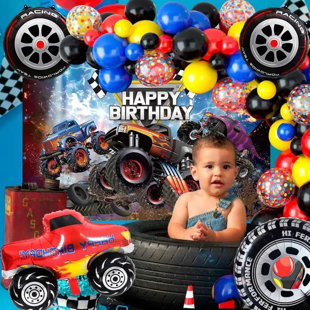 Alt view image 4 of 7 - 26 Pcs Big Truck Birthday Party Balloons, Monster Racing Tablecloth Truck Wheels Balloons Backdrop etc for Big Truck Birthday Party Decorations Supplies