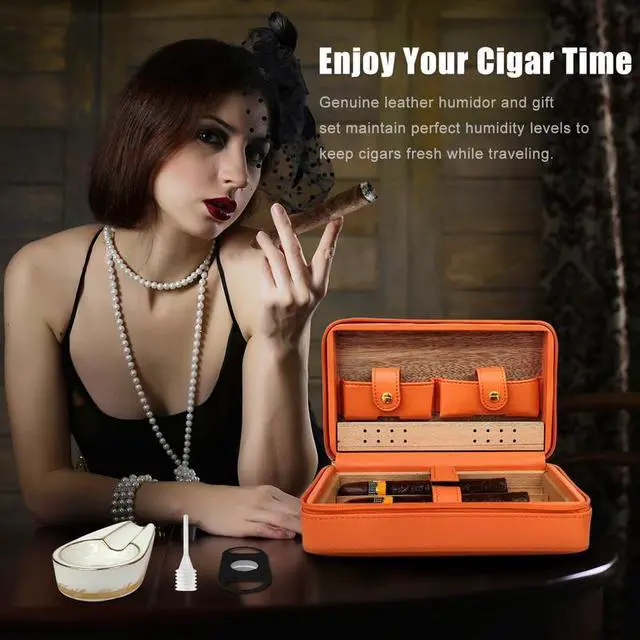 Alt view image 3 of 7 - Cigar Case,Travel Cigar Humidor Box Set Cigar Cutter & Ashtray & Cleaning Pen & Towel & Humidifier Dropper etc Cigar Accessories, Perfect for Women/Men Portable Outdoor Travel Humidor (Orange)