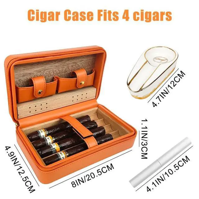 Alt view image 2 of 7 - Cigar Case,Travel Cigar Humidor Box Set Cigar Cutter & Ashtray & Cleaning Pen & Towel & Humidifier Dropper etc Cigar Accessories, Perfect for Women/Men Portable Outdoor Travel Humidor (Orange)