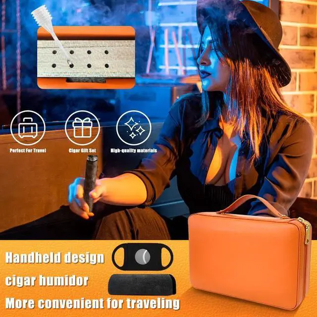 Alt view image 5 of 7 - Cigar Case,Travel Cigar Humidor Box Set Cigar Cutter & Ashtray & Cleaning Pen & Towel & Humidifier Dropper etc Cigar Accessories, Perfect for Women/Men Portable Outdoor Travel Humidor (Orange)