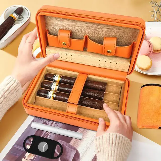 Alt view image 6 of 7 - Cigar Case,Travel Cigar Humidor Box Set Cigar Cutter & Ashtray & Cleaning Pen & Towel & Humidifier Dropper etc Cigar Accessories, Perfect for Women/Men Portable Outdoor Travel Humidor (Orange)