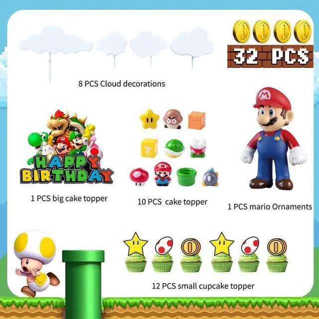 Alt view image 2 of 7 - Mario Cake Decoration,32pcs Mario Cake Topper Set - Mario 3D Cake Decorations & Mario Cloud Star etc Mario Party Cake Topper for Mario Birthday