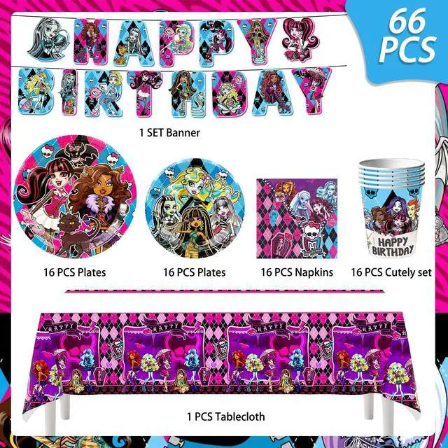 Alt view image 2 of 7 - 114pcs Monster High Birthday Party Tableware Set - Monster High Birthday Party Plates Napkins Cups Tablecloth etc Monster High Tableware for Monster High Birthday Decorations for Kids,Serves 16