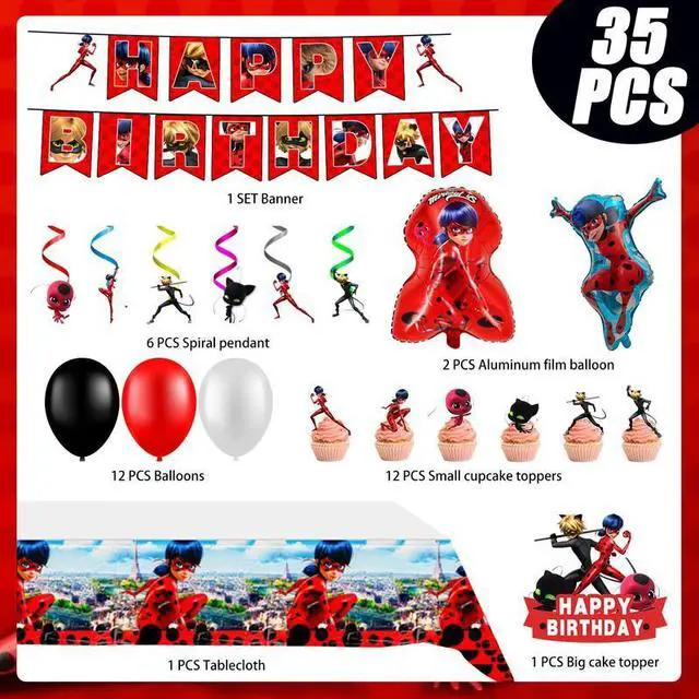 Alt view image 2 of 7 - Miraculous Ladybug Party Decorations, 35 Pcs Miraculous Ladybug Birthday Decorations Set - Miraculous Ladybug Banner Ballons & Tablecloth etc Miraculous Ladybug Birthday Party Decorations for Girls