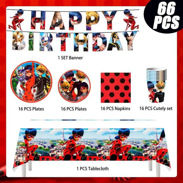 Alt view image 2 of 7 - 114pcs Miraculous Ladybug Birthday Party Decoration Tableware Set- Miraculous Ladybug Party Decorations Banner Plates Cups Tablecloth etc Miraculous Ladybug Party Decorations for Kids,Serves 16