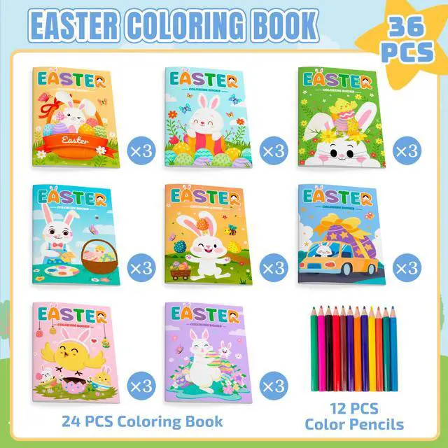 Alt view image 2 of 7 - Easter Coloring Books Bulk, 24 Pcs Easter Mini Coloring Books Easter Coloring Book for Kids + 12 Pcs Easter Party Color Pencils for Easter Party Decorations Favors & Easter Games for Kids
