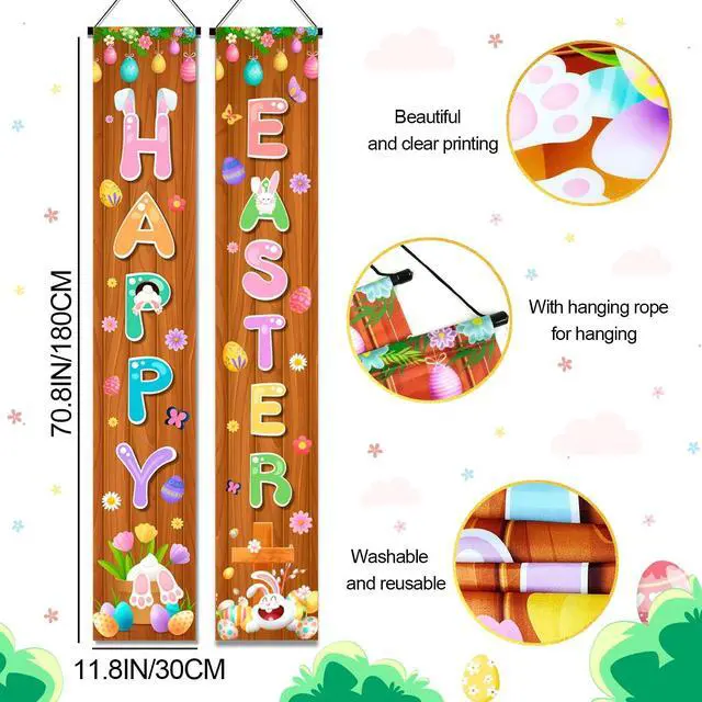 Alt view image 2 of 7 - Easter Porch Banner, Easter Banners Front Porch Happy Easter Porch Banner & Happy Easter Door Banner for Outdoor Indoor Easter Party Decorations Supplies