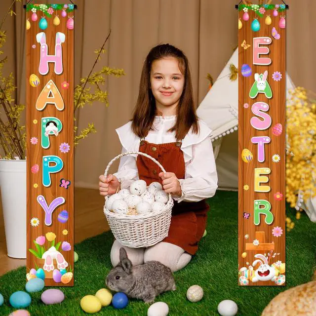 Alt view image 4 of 7 - Easter Porch Banner, Easter Banners Front Porch Happy Easter Porch Banner & Happy Easter Door Banner for Outdoor Indoor Easter Party Decorations Supplies