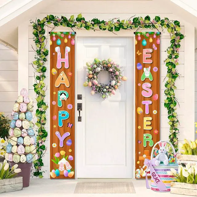 Alt view image 5 of 7 - Easter Porch Banner, Easter Banners Front Porch Happy Easter Porch Banner & Happy Easter Door Banner for Outdoor Indoor Easter Party Decorations Supplies