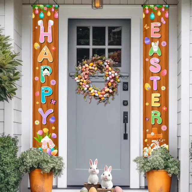 Alt view image 3 of 7 - Easter Porch Banner, Easter Banners Front Porch Happy Easter Porch Banner & Happy Easter Door Banner for Outdoor Indoor Easter Party Decorations Supplies