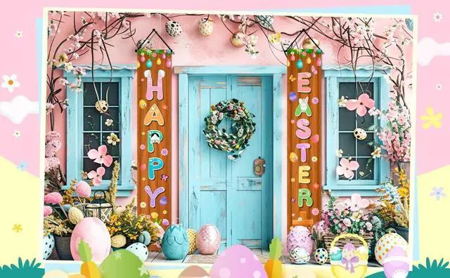 Alt view image 7 of 7 - Easter Porch Banner, Easter Banners Front Porch Happy Easter Porch Banner & Happy Easter Door Banner for Outdoor Indoor Easter Party Decorations Supplies