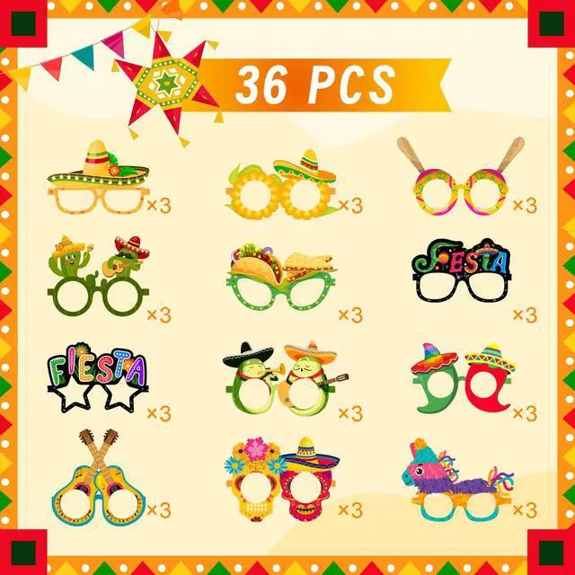 Alt view image 2 of 7 - Mexican Fiesta Party Glasses, 36 Pcs Mexican Party Paper Glasses Set - Fiesta Paper Eyeglasses, Mexican Fiesta Eyeglasses & Cinco De Mayo Paper Glasses for Mexican Birthday Party Decorations