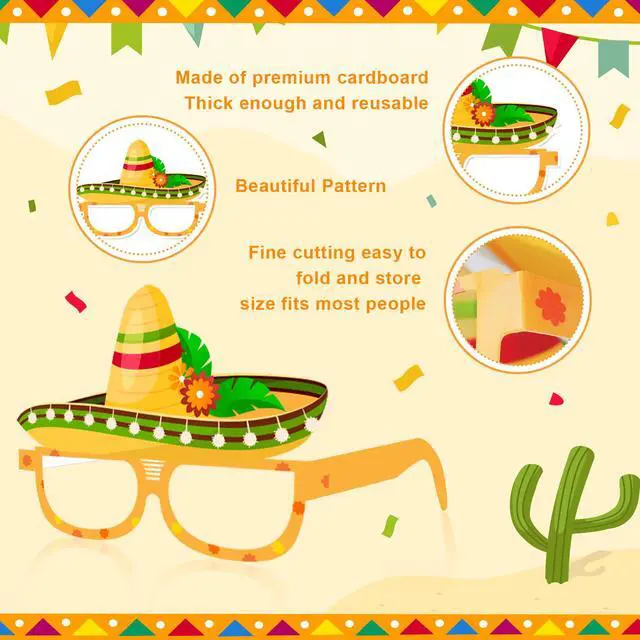 Alt view image 5 of 7 - Mexican Fiesta Party Glasses, 36 Pcs Mexican Party Paper Glasses Set - Fiesta Paper Eyeglasses, Mexican Fiesta Eyeglasses & Cinco De Mayo Paper Glasses for Mexican Birthday Party Decorations