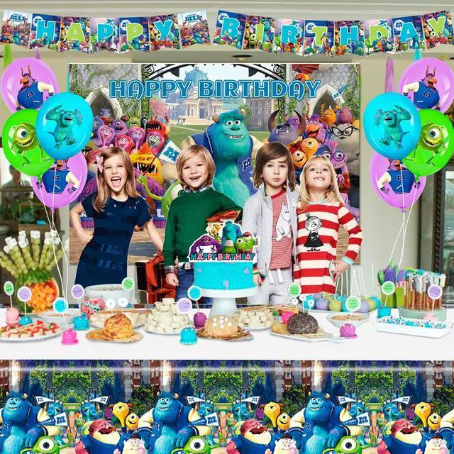 Alt view image 3 of 7 - Monsters Inc. Birthday Party Decorations, 28 Pcs Monsters Inc. Party Supplies - Monsters Inc. Party Balloons Backdrop Cake Toppers Tablecloths etc for Monsters Inc. Party Decorations