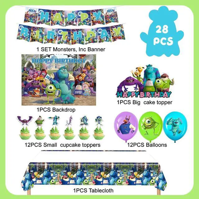 Alt view image 2 of 7 - Monsters Inc. Birthday Party Decorations, 28 Pcs Monsters Inc. Party Supplies - Monsters Inc. Party Balloons Backdrop Cake Toppers Tablecloths etc for Monsters Inc. Party Decorations