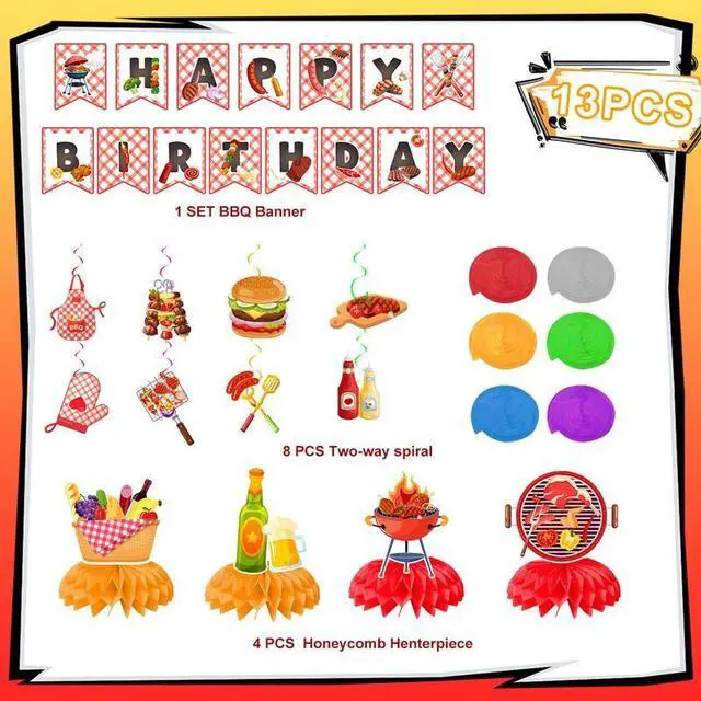 Alt view image 2 of 7 - BBQ Party Decorations, 13pcs BBQ Themed Party Decorations Set Including BBQ Party Honeycomb Centerpieces Banner Hanging Decor, Barbecue Party Supplies