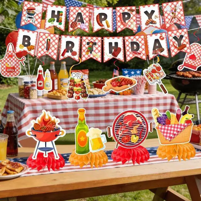 Alt view image 4 of 7 - BBQ Party Decorations, 13pcs BBQ Themed Party Decorations Set Including BBQ Party Honeycomb Centerpieces Banner Hanging Decor, Barbecue Party Supplies