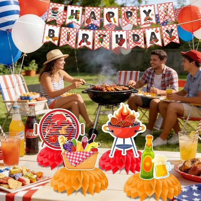 Alt view image 6 of 7 - BBQ Party Decorations, 13pcs BBQ Themed Party Decorations Set Including BBQ Party Honeycomb Centerpieces Banner Hanging Decor, Barbecue Party Supplies