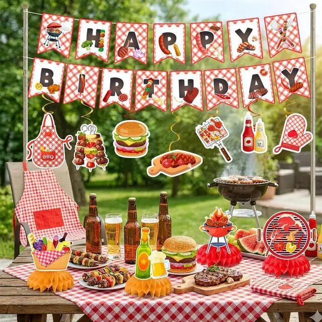 Alt view image 3 of 7 - BBQ Party Decorations, 13pcs BBQ Themed Party Decorations Set Including BBQ Party Honeycomb Centerpieces Banner Hanging Decor, Barbecue Party Supplies