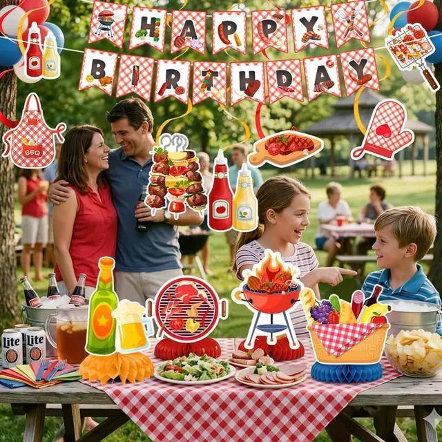 Alt view image 5 of 7 - BBQ Party Decorations, 13pcs BBQ Themed Party Decorations Set Including BBQ Party Honeycomb Centerpieces Banner Hanging Decor, Barbecue Party Supplies