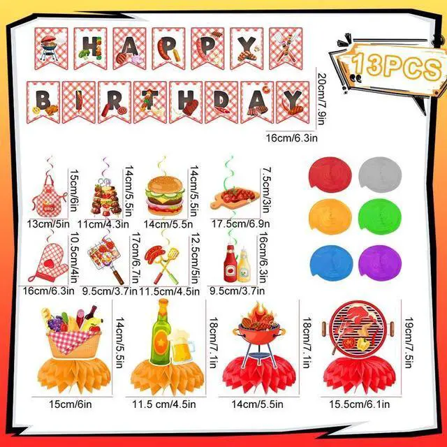 Alt view image 7 of 7 - BBQ Party Decorations, 13pcs BBQ Themed Party Decorations Set Including BBQ Party Honeycomb Centerpieces Banner Hanging Decor, Barbecue Party Supplies