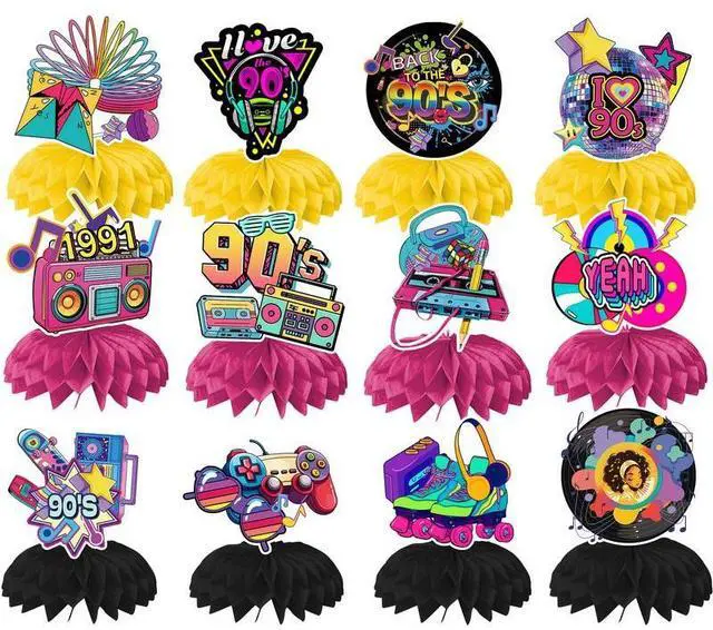 Main image of 90s Party Supplies,12pcs 90s Honeycomb Centerpieces,90s Centerpieces for Tables 3D Double Side for 90s Party Decorations
