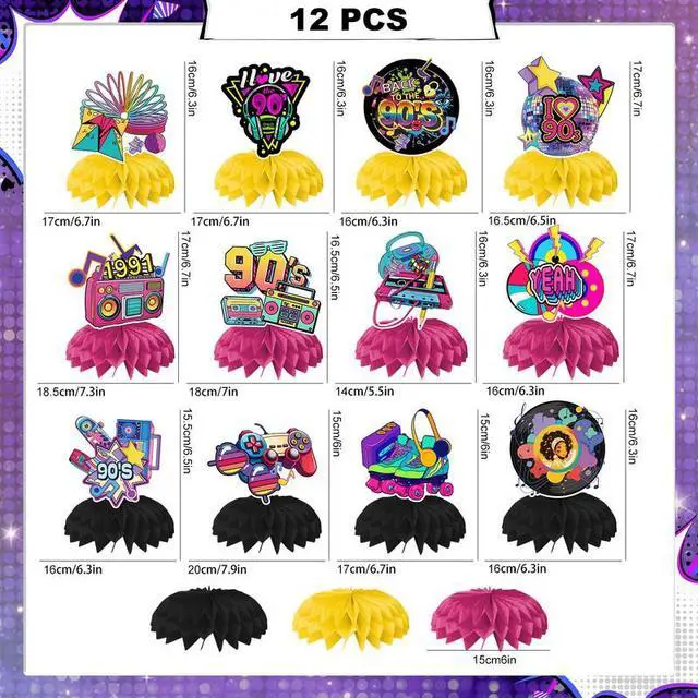 Alt view image 2 of 7 - 90s Party Supplies,12pcs 90s Honeycomb Centerpieces,90s Centerpieces for Tables 3D Double Side for 90s Party Decorations