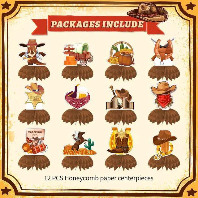 Alt view image 2 of 7 - Cowboy Party Honeycomb Centerpiece, 12pcs Cowboy Table Honeycomb Centerpieces Wild West Cowboy Centerpieces for Tables, Western Party Centerpiece Decorations for Cowboy Decorations