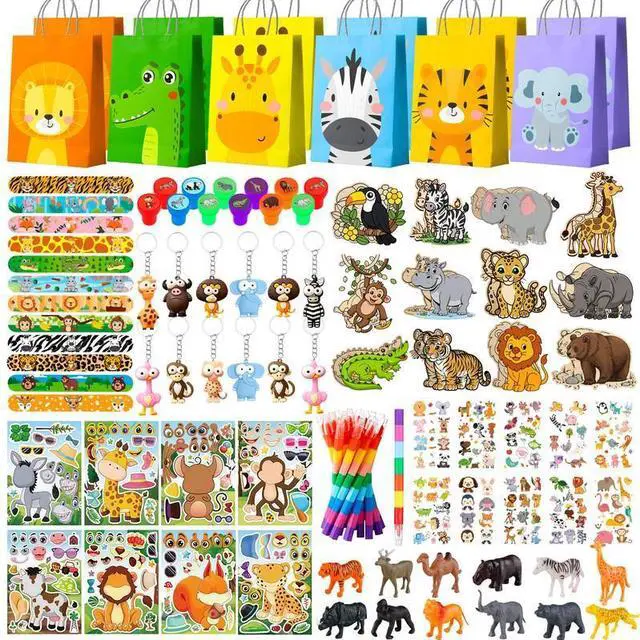 Main image of Animal Party Favors Fillers, 108pcs Jungle Safari Party Favors Supplies Set Includes Animal Party Goodie Bags Keychains Slap Bracelets Wooden Animal Ornaments etc Safari Birthday Decorations