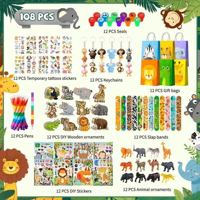 Alt view image 2 of 7 - Animal Party Favors Fillers, 108pcs Jungle Safari Party Favors Supplies Set Includes Animal Party Goodie Bags Keychains Slap Bracelets Wooden Animal Ornaments etc Safari Birthday Decorations