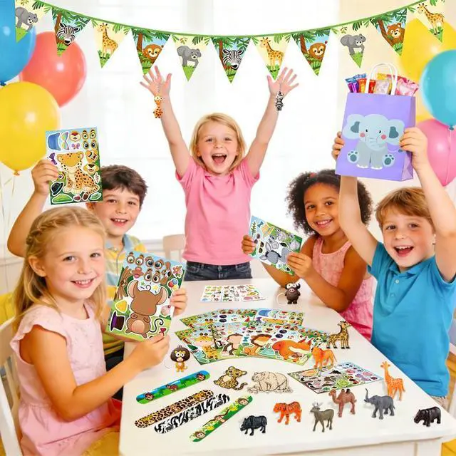 Alt view image 4 of 7 - Animal Party Favors Fillers, 108pcs Jungle Safari Party Favors Supplies Set Includes Animal Party Goodie Bags Keychains Slap Bracelets Wooden Animal Ornaments etc Safari Birthday Decorations